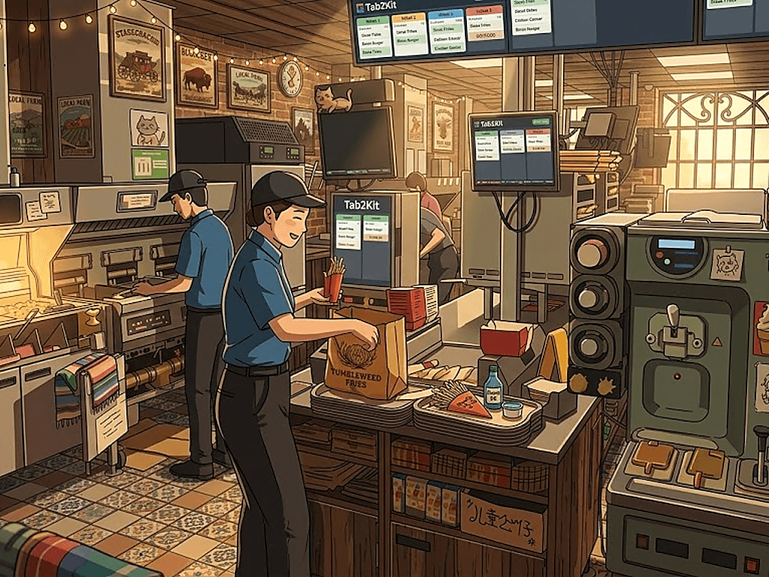 Illustrated quick-service restaurant with Tab2Kit order screens and counter workflow