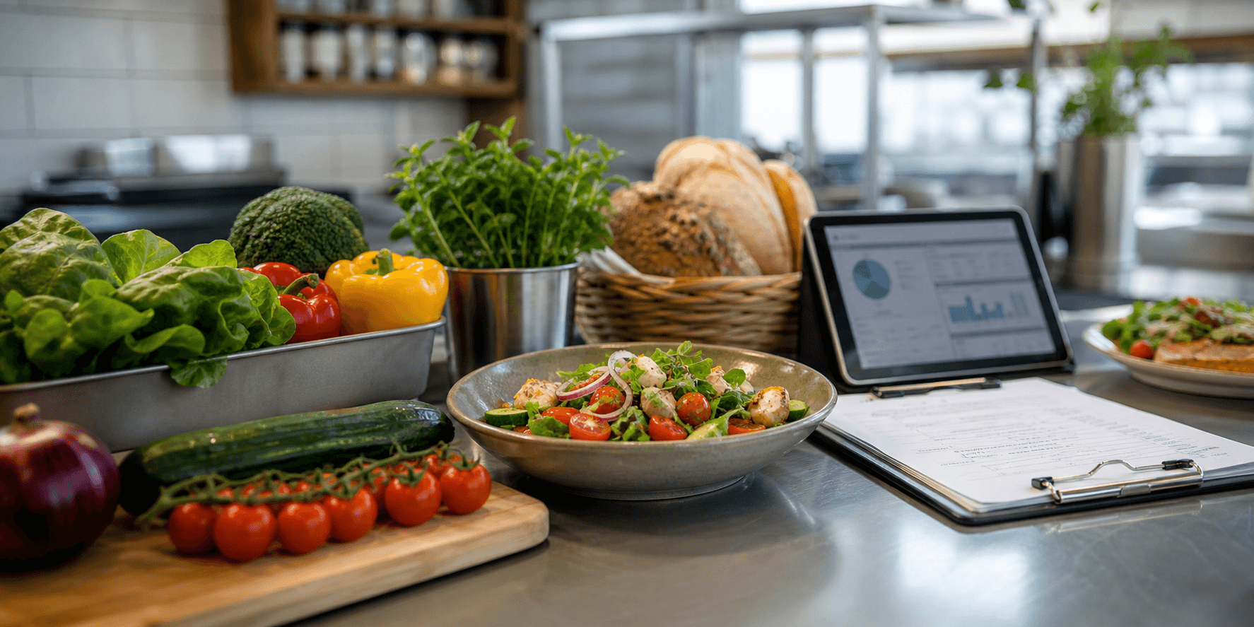 Fresh ingredients and prepared dishes in a cafe kitchen prep area