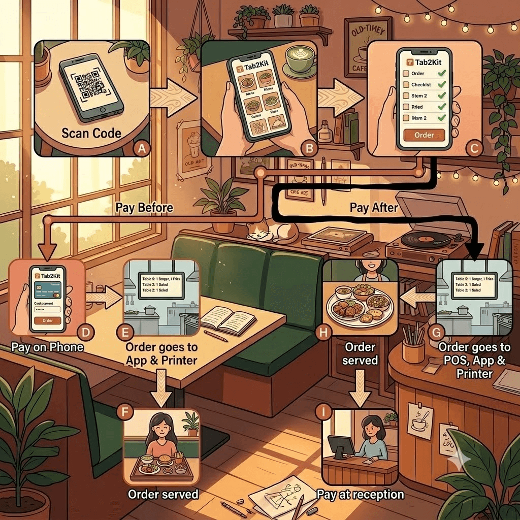 Illustrated QR ordering flow from scan code to browse, order, payment and serving